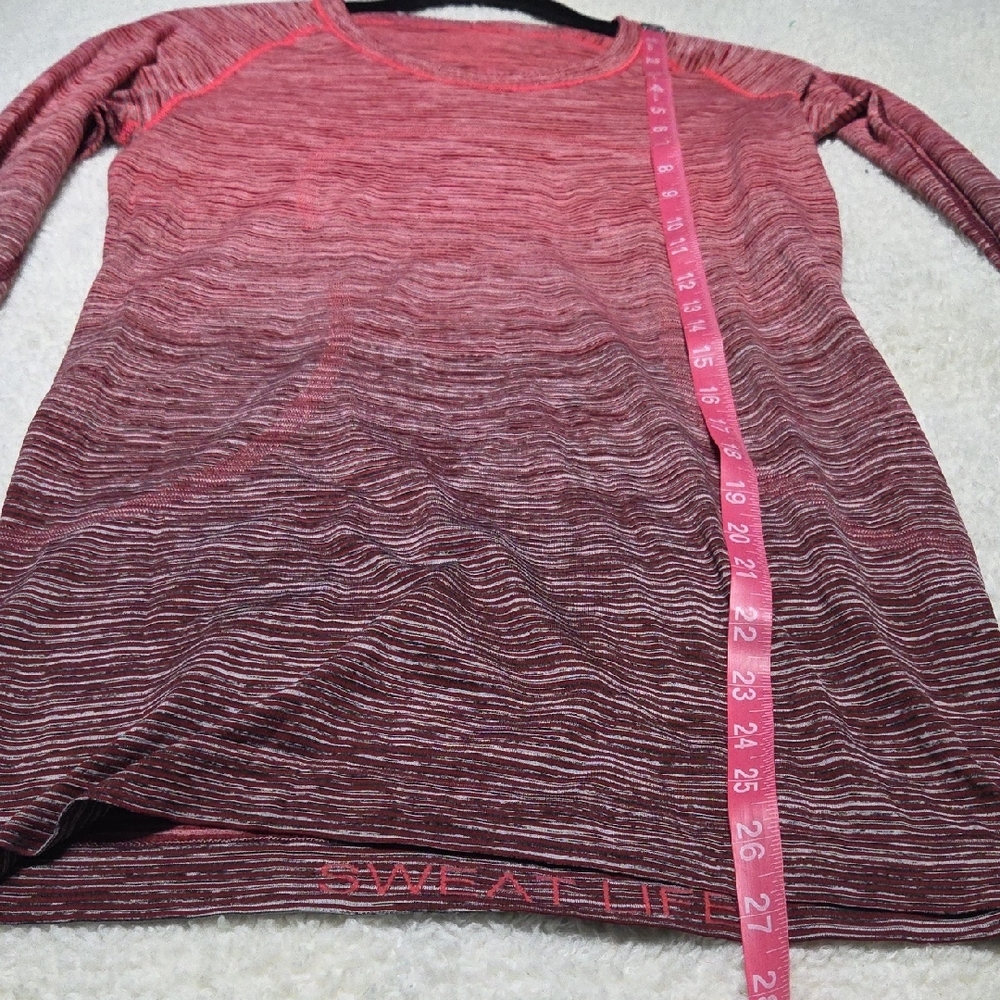 This is a Lululemon Swiftly Tech Long Sleeve Crew shirt in a red ombre colorway. - Picture 8 of 8